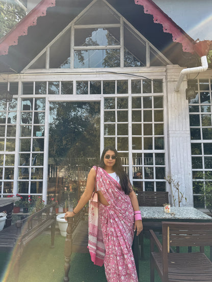 Roohani - Pink Hand Block Printed Cotton Mulmul Saree