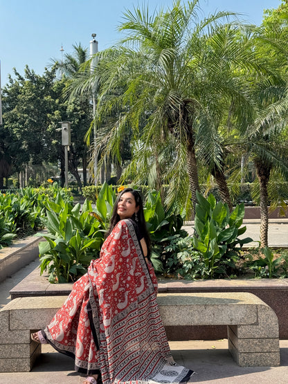 Mayuri - Maroon Hand Block Printed Cotton Mulmul Saree