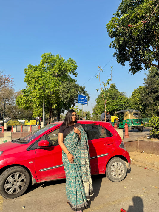 Leher - Teal Green Hand Block Printed Cotton Mulmul Saree