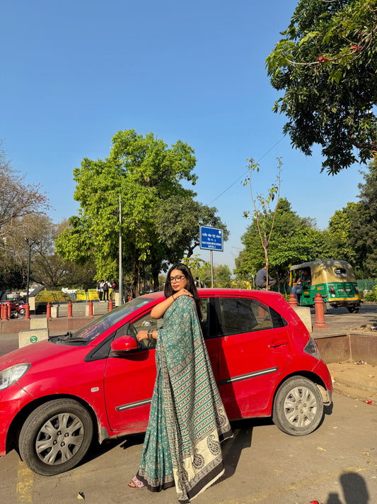 Leher - Teal Green Hand Block Printed Cotton Mulmul Saree