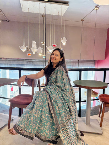 Leher - Teal Green Hand Block Printed Cotton Mulmul Saree