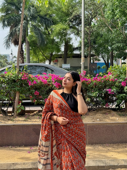 Dhaani – Brown Hand Block Printed Mulmul Cotton Saree