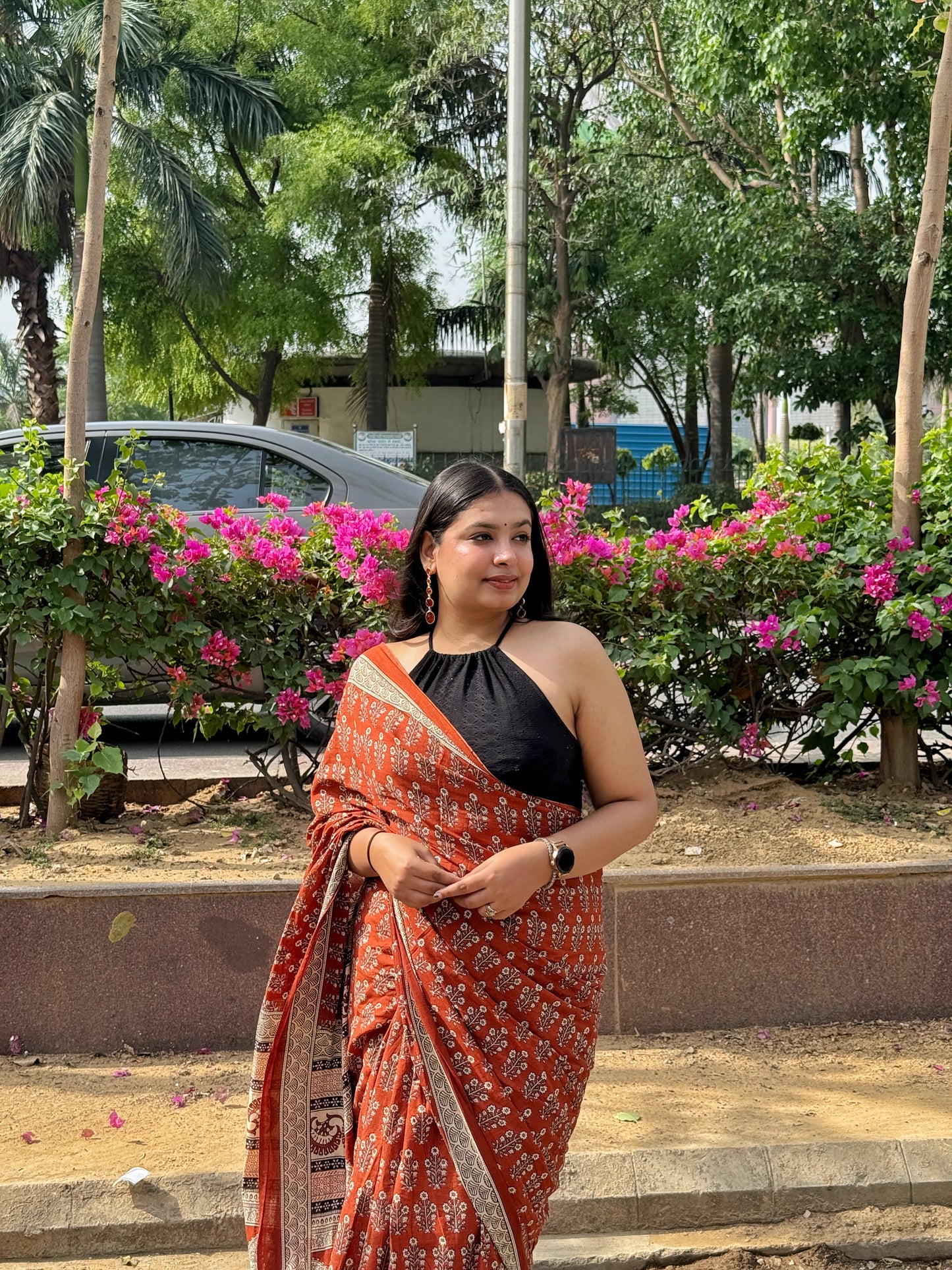 Dhaani – Brown Hand Block Printed Mulmul Cotton Saree