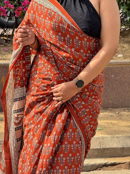 Dhaani – Brown Hand Block Printed Mulmul Cotton Saree