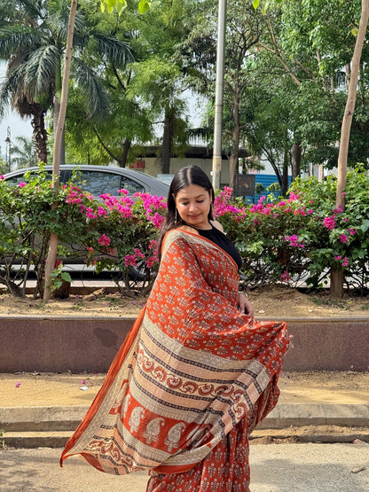 Dhaani – Brown Hand Block Printed Mulmul Cotton Saree