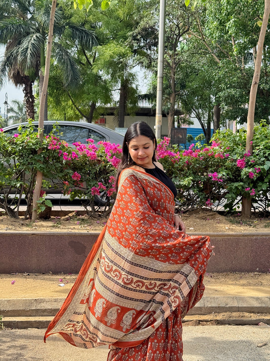 Dhaani – Brown Hand Block Printed Mulmul Cotton Saree