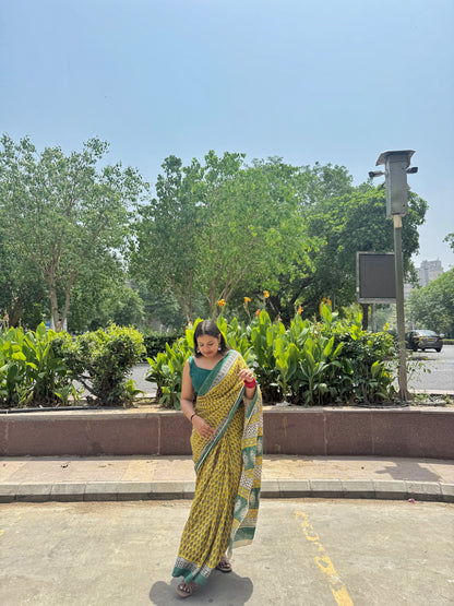 Noor - Yellow Hand Block Printed Cotton Mulmul Saree