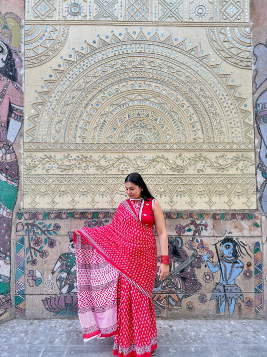 Sajni – Red Hand Block Printed Mulmul Cotton Saree