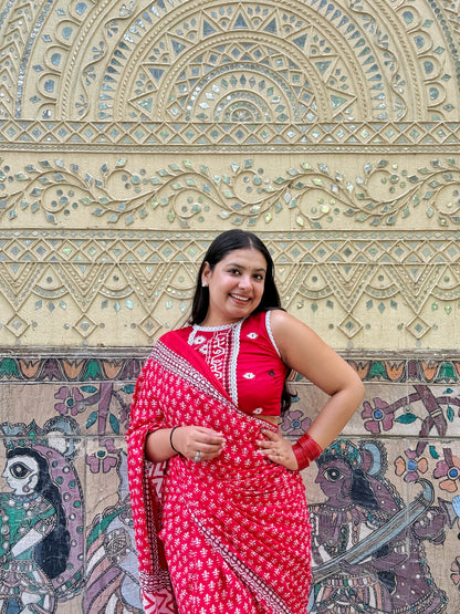 Sajni – Red Hand Block Printed Mulmul Cotton Saree