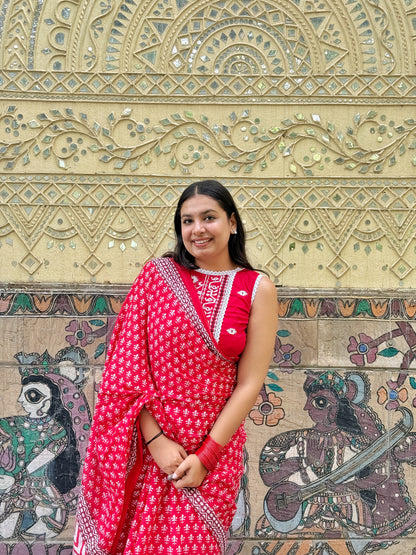 Sajni – Red Hand Block Printed Mulmul Cotton Saree