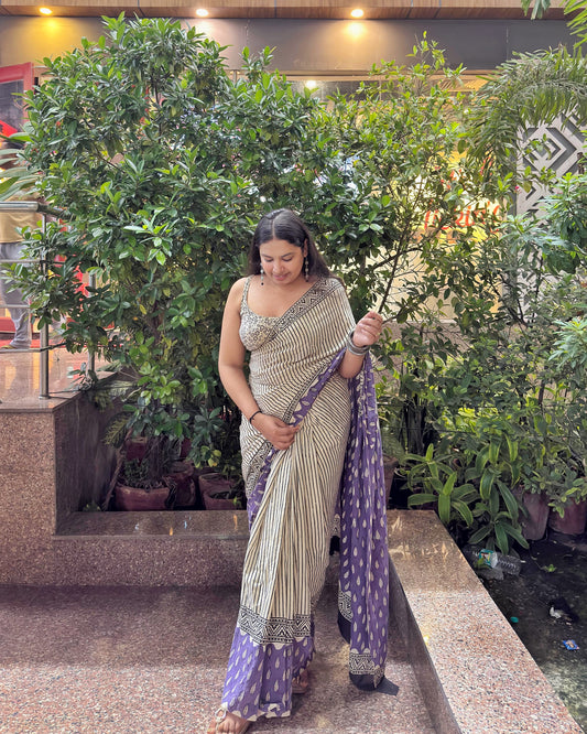 Nayra - Stripes Hand Block Printed Cotton Mulmul Saree