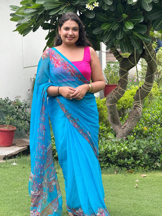 Tarani: Blue Printed Pure Chiffon Saree