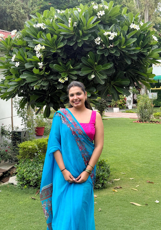 Tarani: Blue Printed Pure Chiffon Saree