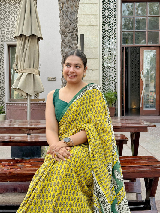 Noor - Yellow Hand Block Printed Cotton Mulmul Saree