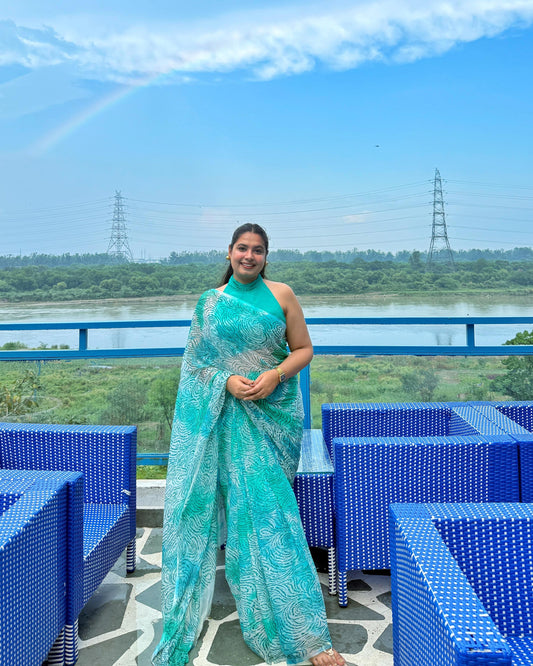 City Chic: Teal Animal Print Pure Chiffon Saree